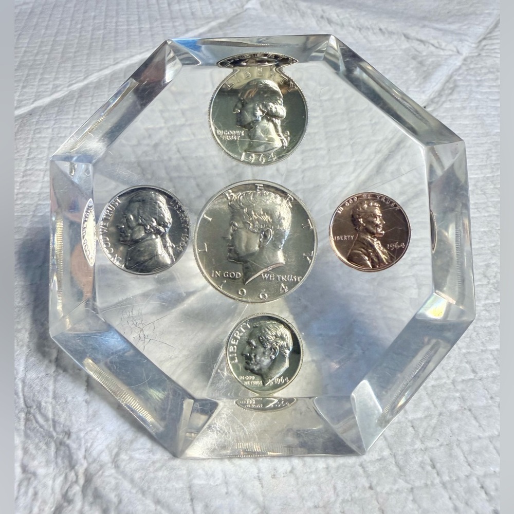 1964 Philadelphia Mint set in a diamond shaped paperweight.